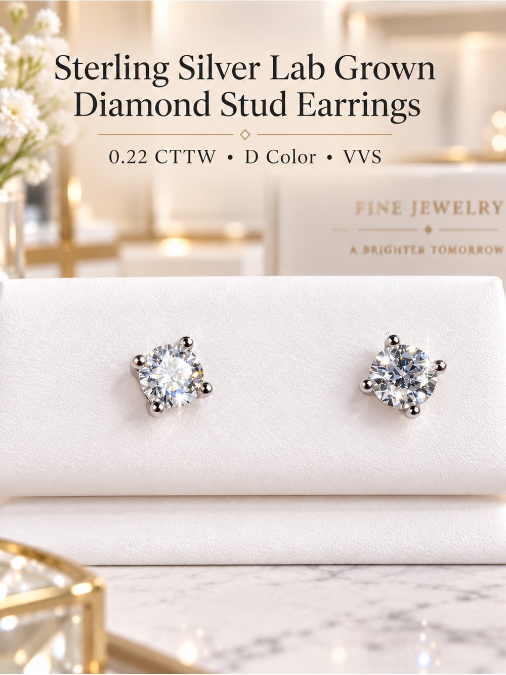 0.22 CTTW Lab Grown Diamond Stud Earrings – D Color VVS – Sterling Silver